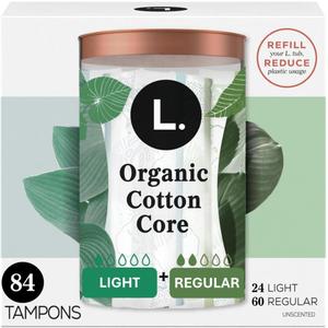 L. Cotton Tampons Light/Regular Absorbency Multipack, Contains an Organic Cotton Core, Made Without Synthetic Pesticides, or Fragrances, 84 Count (2 Packs of 42)