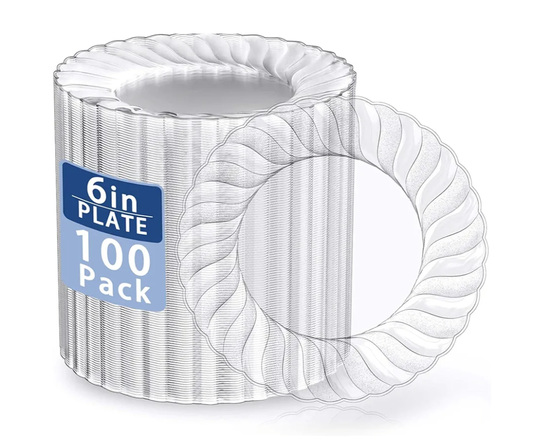 U-QE 100 Pieces Clear Plastic Plates-6 Inch Plastic Dessert Plates Disposable - Washable & Reusable - Premium Hard Clear Plates Fancy Disposable Heavy Duty Plastic Plates for Party,Weddings and Events
