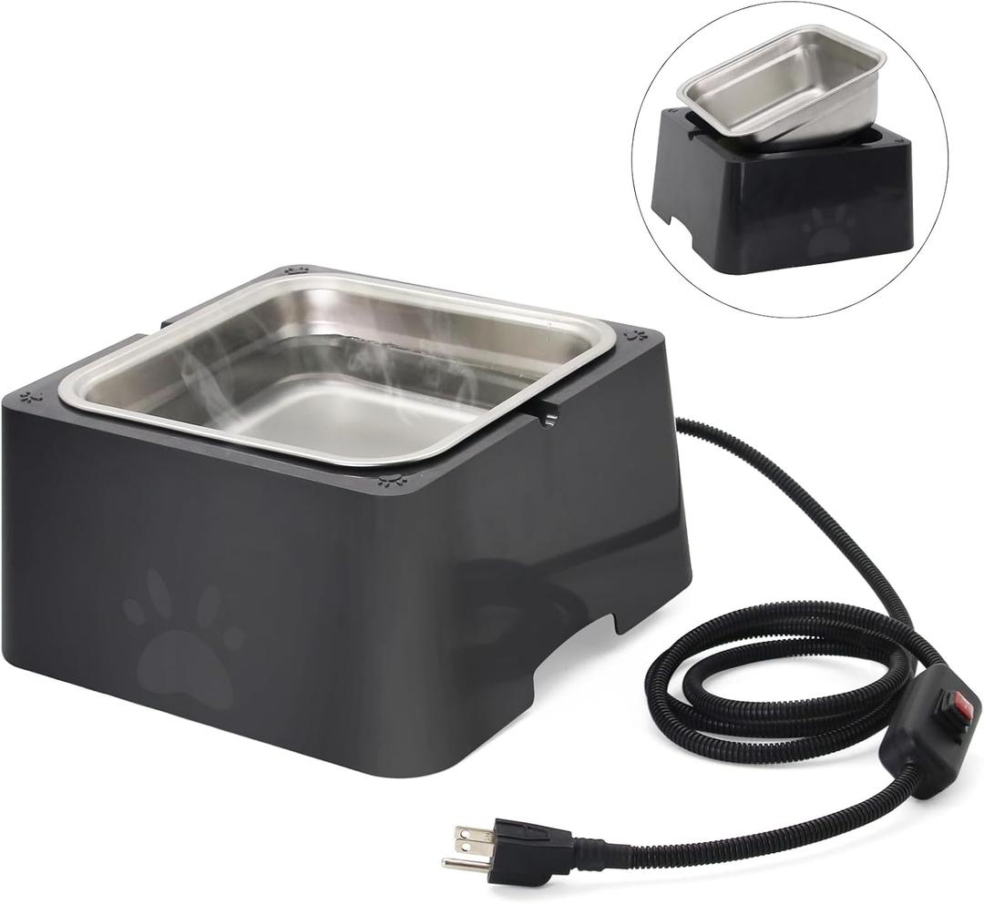 Large Heated Dog Bowl for Outdoor,Winter Waterer Bowl Removable Stainless Automatic Dog Water Bowl,1 Gallon Large Capacity Outside Animal Heated Waterer Bowl for Dog,Cat Rabbit,Chicken,Duck (Black)