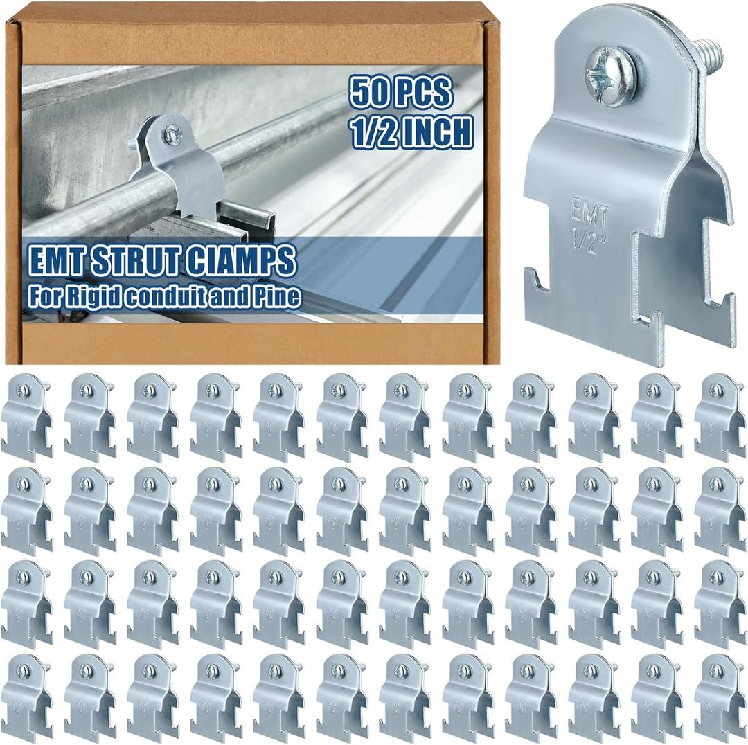 Landhoow Emt Pipe Universal Strut Clamps Strut Channel Accessory Electro Galvanized Conduit Clamp with Bolt and Nut, Rigid Pipe Tool(1/2 Inch,Silver,50 Pcs)