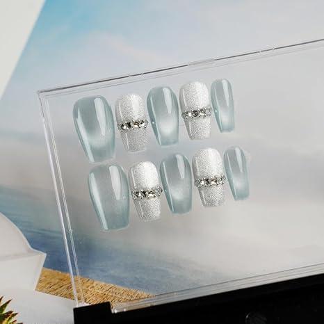 [GLORS] Purly Handmade Medium Ballerina Press on Nails | Blue False Nails with Rhinestones, 10 Pieces (Medium, MB)