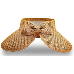Straw Sun Visor for Women, Wide Brim UPF 50+ Protection Beach Hat, Adjustable, Roll Up Foldable Ponytail Cap with Chin Strap