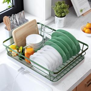 Kitsure Dish Drying Rack for Kitchen Counter, Stainless Steel Sink Organization and Storage Essentials with Cutlery Holder, Home and Apartment Decor, 12''W x 15.5'' L, Green