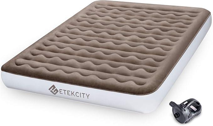 Etekcity Camping Air Mattress, Inflatable Mattress Air Bed Queen Twin with Rechargeable Pump, Leak-Proof Blow Up Mattress Raised Airbed , Height 9", Storage Bag , Brown