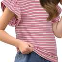 Girls Striped Shirt Flutter Sleeve Top Crewneck Cute Summer T Shirts Casual Tees Pink Stripe 11-12Y (Pink)
