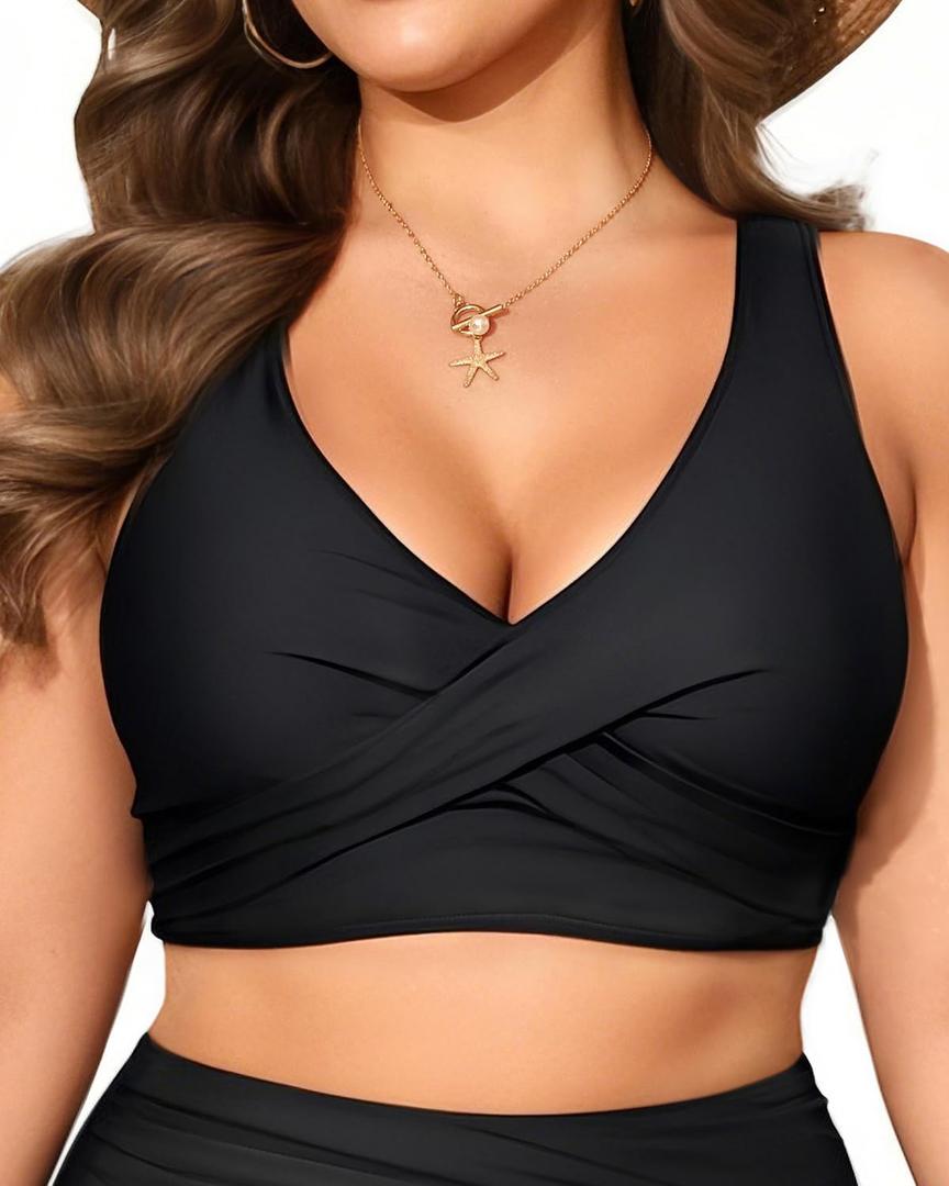 Women Plus Size Bikini Top - Twist Front Swimsuit Top Push Up Full Coverage Bathing Suit 2025 Swim Bra for Large Bust (16 Plus, Black)