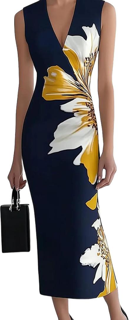 HVT Women's Dress Wedding Guest Party Dresses Floral Print Halter Neck Maxi Dress Sleeveless Bodycon Long Dresses (XXL)