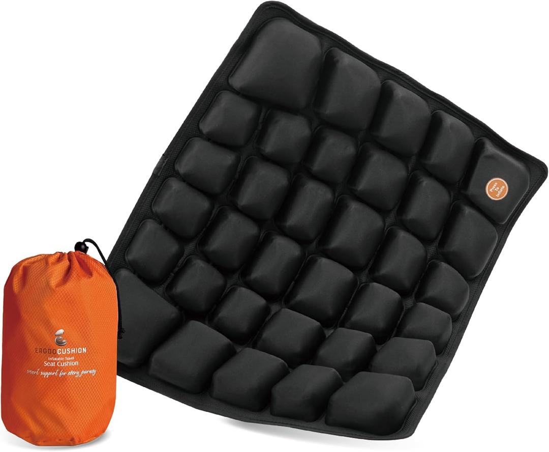 Inflatable Travel Seat Cushion with Builtin Manual Pump, Adjustable Firmness & Compact StorageFirm Support for Airplane, Car & Office Chairs, Generous 18x16, Carry Bag Included