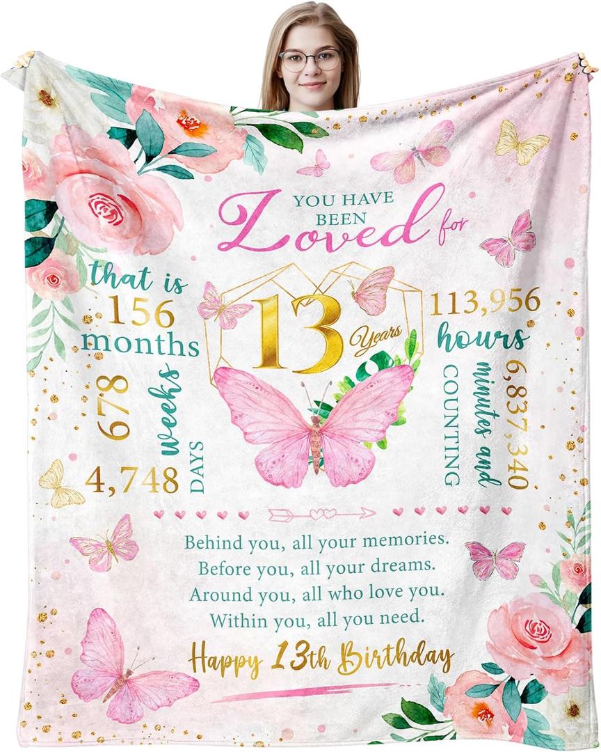 13th Birthday Gifts for Girls, Birthday Gifts for 13 Year Old Girls Throw Blanket 60" x 50", 13 Year Old Teen Girl Gift Ideas, Best Presents for 13 Year Old Girl