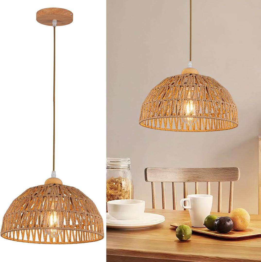 Boho Pendant Light Fixture Kitchen Chandelier Rattan Hanging Light Flush Mount Ceiling Light Boho Lamp Shade Wooden Base Bohemian Chandeliers for Hallway Bedroom Chandelier Dinning Light Fixture