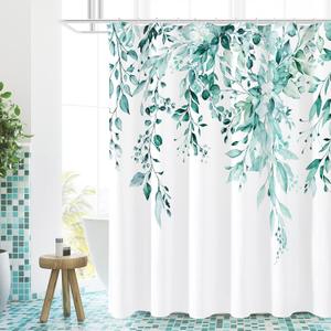 Gibelle Extra Long Shower Curtain 72 x 84, Teal Floral Shower Curtain for Bathroom, Watercolor Plant Eucalyptus Leaves Fabric Shower Curtain Set