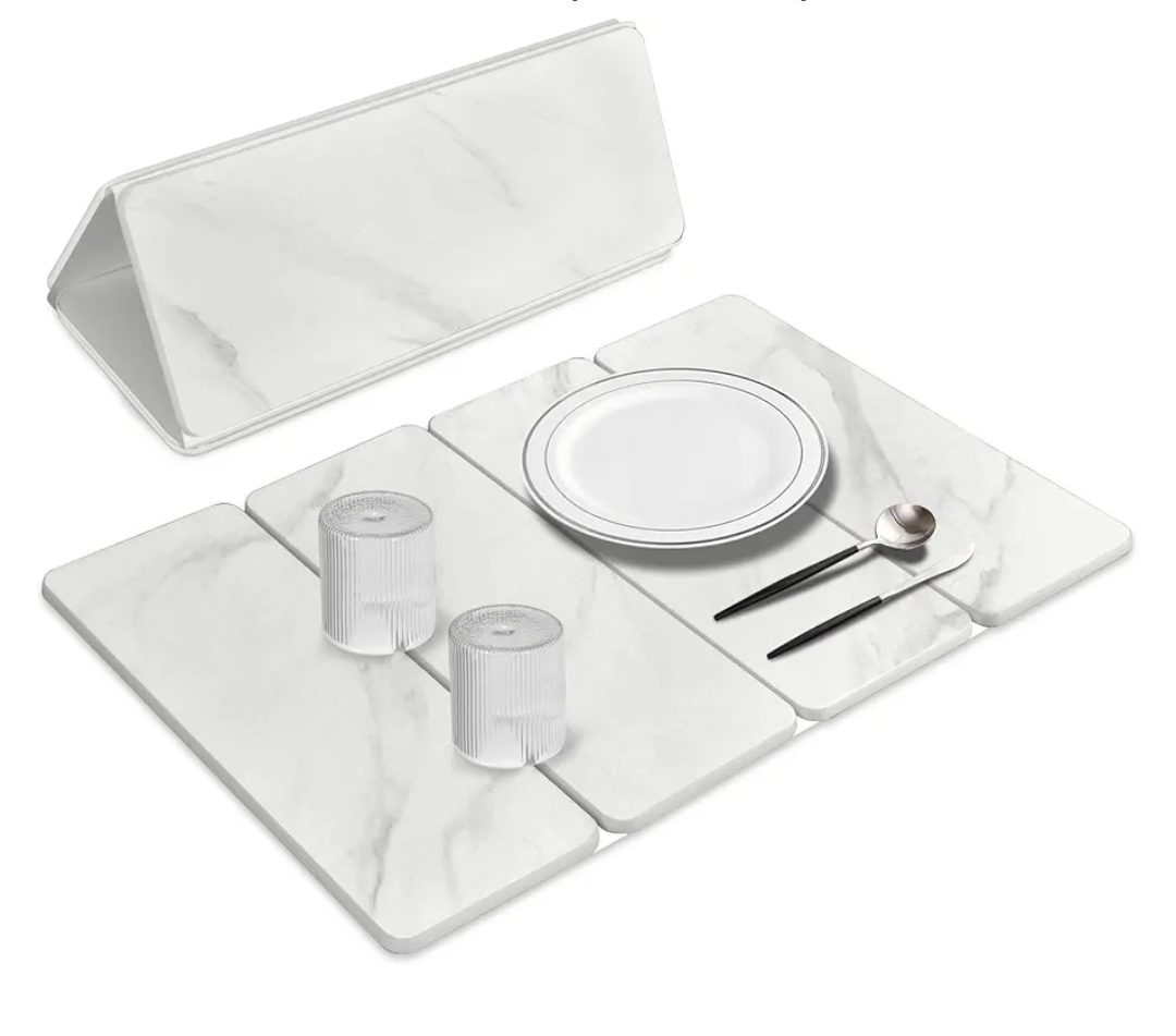 Large Stone Dish Drying Mats for Kitchen Counter, 24"(L)×16"(W) Collapsible Quick Dry Dish Drying Mat, Eco-Friendly Absorbent Diatomaceous Earth Mat for Dishes Bottles Cup【Marble pattern】