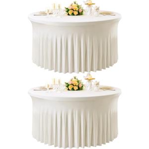 2 Pack Ivory Spandex Round Tablecloths for 60inch Table, 120inch Stretchy Fitted 5ft Tablecloths, Wrinkle Free Round Table Clothes Covers with Skirt for Wedding Birthday Parties Banquet