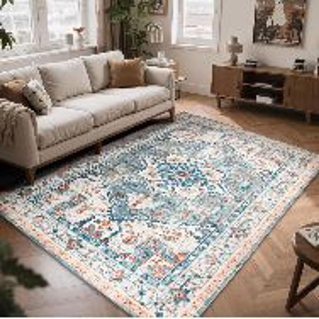 Boho Area Rugs 5x7 Washable Non-Slip,5 by 7 Low-Pile Retro Vintage Oriental Inspired Persian Style Bohemian Rug with Rubber Backing,Blue Carpet for Living Room,Bedroom,Dining Room Under Table,Office