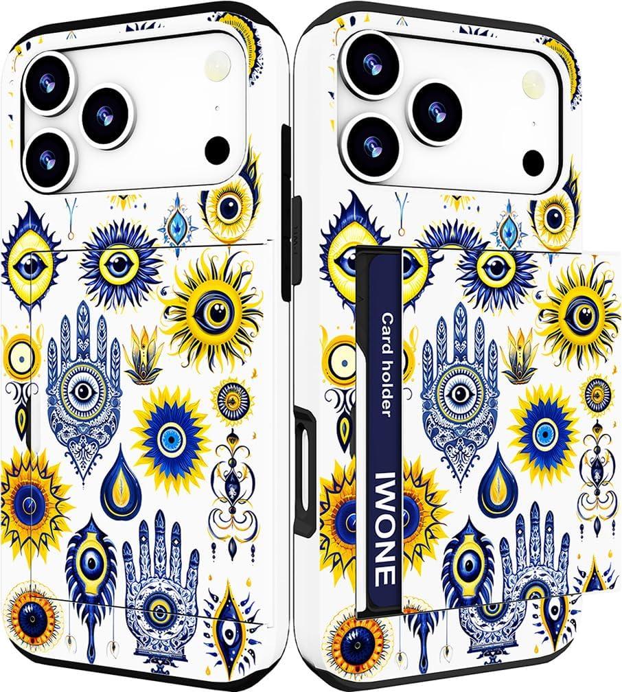 Compatible with iPhone 17 Pro Max Case with Card Holder Cute Shockproof Drop Protection Phone Wallet Slot Cover Cases for Women - Blue Evil Eyes Collection