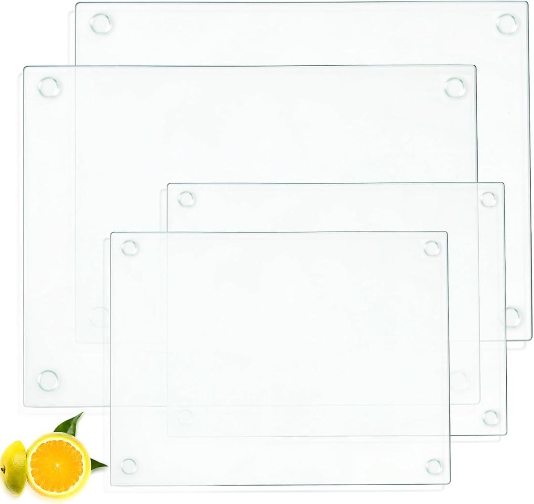 4 Pack Tempered Glass Cutting Board with Anti-Slip Pads, Rectangle Clear Glass Tray Chopping Board for Kitchen Countertop, House Warming Gifts, Heat-Resistant, Non-friable, 2 Sizes (Large)