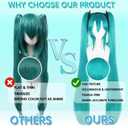 4Pcs 47inch Long Green Cosplay Wig Headphone and Hair Accessories Teal Straight Synthetic Anime Wigs with Double Ponytail for Women Costume Green Wigs for Halloween Costume Outfit + Hair Cap