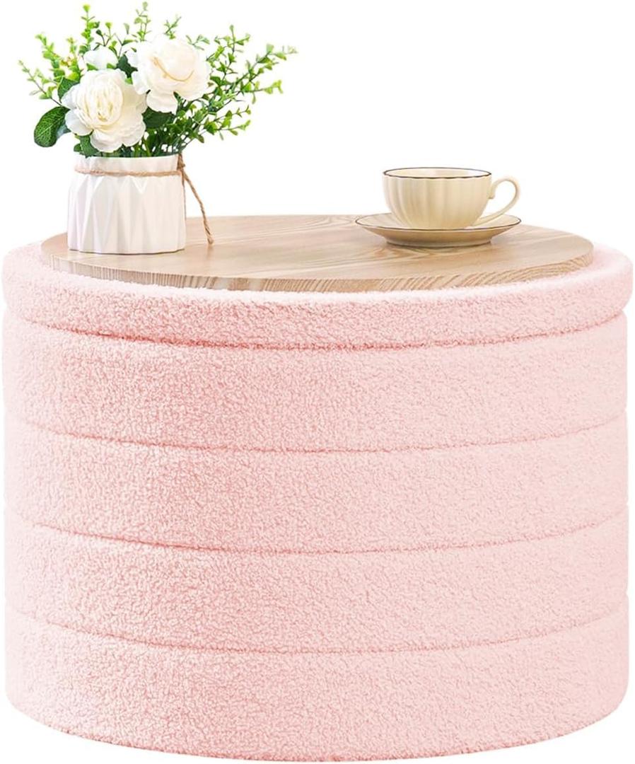 B FSOBEIIALEO Ottoman with Stroage, Round Sherpa Storage Ottoman Stool, Boucle Foot Rest22 x 22"x15.75" (Pink (22x22x15.7 inches, Pink)