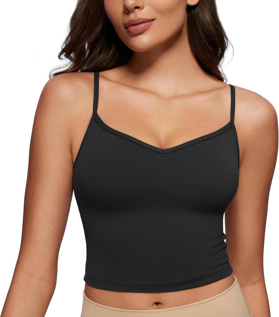 CRZ YOGA Butterluxe Womens Sweetheart Longline Sports Bra - Adjustable Thin Strap Workout Tank Tops Yoga Padded Camisole (Black), XS