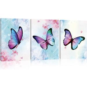 MZYHOME Butterfly Canvas Wall Art Decor 3 Piece Fantasy Girls Wall Art Watercolor Art Print Butterflies for Wall Art Living Room Bedroom Canvas With Wood Framed 12x16 Inch