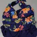 CUPSHE Women V Neck One Piece Swimsuit Halter Backless Ruched Tummy Control Bathing Suit (Medium, Navy Blue/Floral)