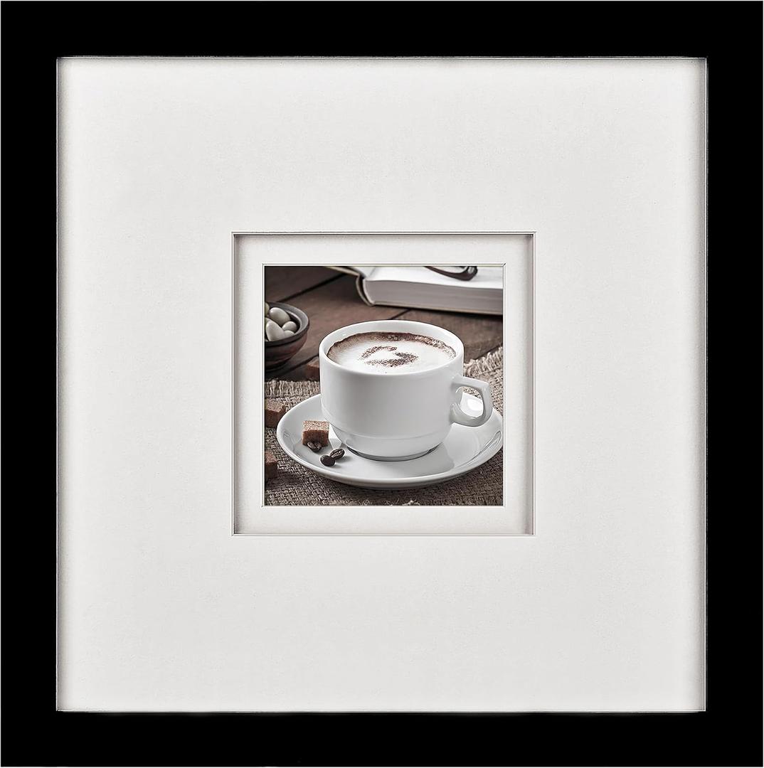 Yaetm 10x10 Square Picture Frame Matted to 4x4, Double Floating Ivory Mats, Black Photo Frame with Polished Tempered Glass for Wall Gallery, Home and Office, Wall Mounting, Single, Black