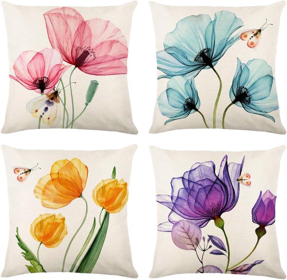 Flower Decorative Throw Pillow Covers 18x18 Inch Watercolor Floral Farmhouse Cushion Cover 4 Pcs Pink Yellow Purple Blue Tulip Pillow Case for Couch Sofa Home Decor (18" x 18" (Pack of 4), Spring_2)