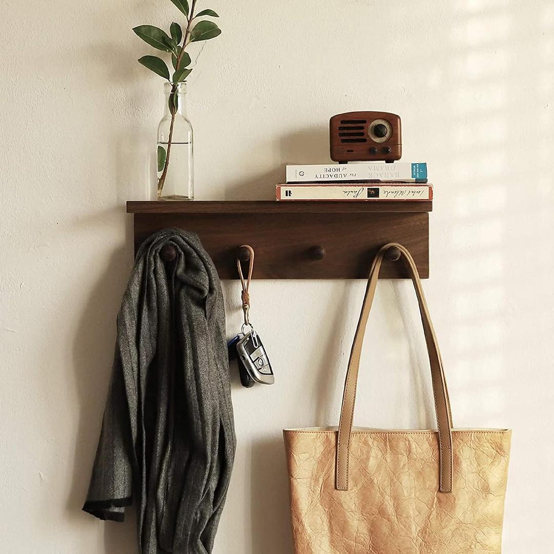 Entrance Coat Rack Coat Hooks, Wall-Mounted Wooden Hook Rack, Wall-Mounted Shelves are Very Suitable (Walnut Color FinishA-1)