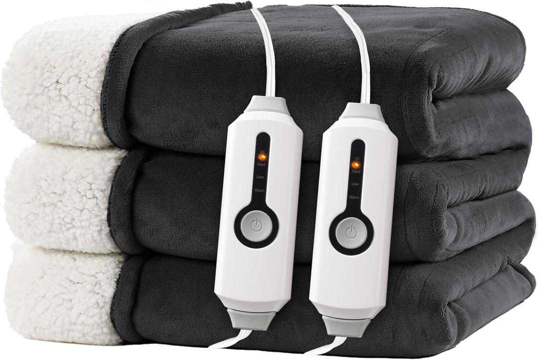 RALYSUN Electric Heated Blanket King Size 90"x100"  DualSided with Microplush & Sherpa Fabric, 4 Heat Settings & 10 Hours Auto Off, Dual Controller, Machine Washable  Iron Gray