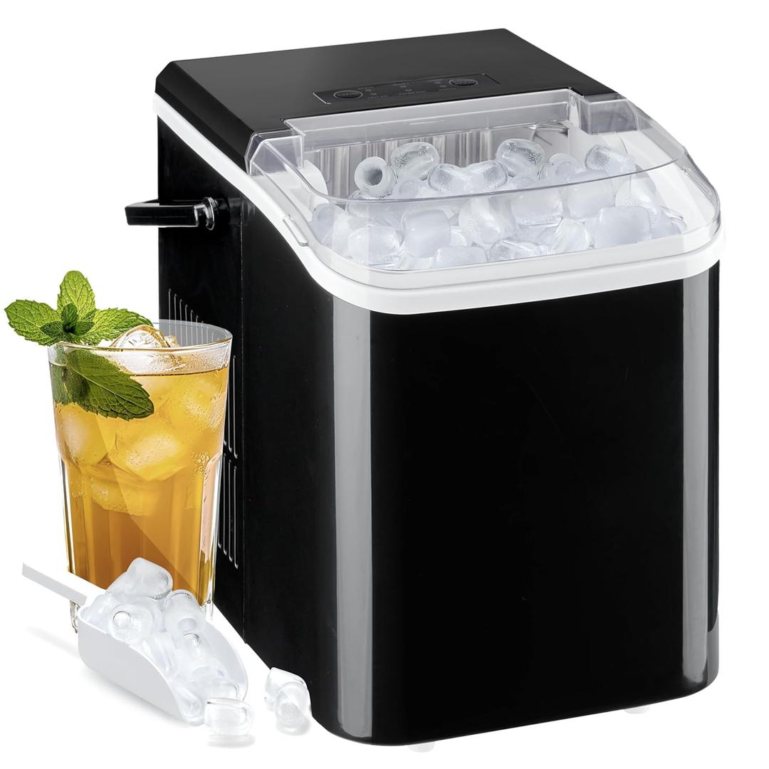 HealSmart Countertop Ice Maker Machine, Fast Making 9 Ice Cubes in 6 Minutes, Self-Cleaning with Scoop, Basket & Handle, 26.5lbs/24Hrs, 2 Sizes Bullet Ice, Portable for Office, Party, Kitchen, Black (Black with Scoop, Basket & Handle)