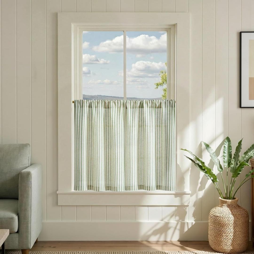 jinchan Striped Linen Kitchen Curtains 30 Inches Length Tier Curtains Farmhouse Modern Cafe Style Small Window Treatments Airy Light Filtering Rod Pocket for Living Room Bathroom 2 Panels Sage Green, 26"W x 30"L