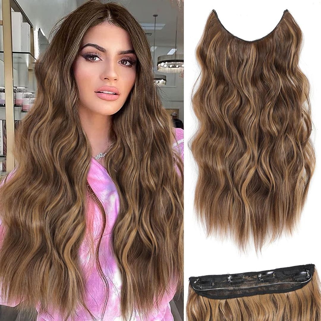 Halo Hair Extensions 20 Inch Invisible Wire Hair Extensions Adjustable Long Wavy Hairpiece Synthetic Upgrade 4 Secure Clips in Hairpieces 20 Inch,Medium Brown Mixed Golden Brown