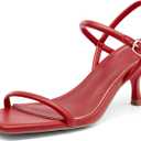 Coutgo Womens Strappy Kitten Heels Open Square Toe Sandals Buckle Ankle Strap Summer Dress Shoes (9.5, Red)
