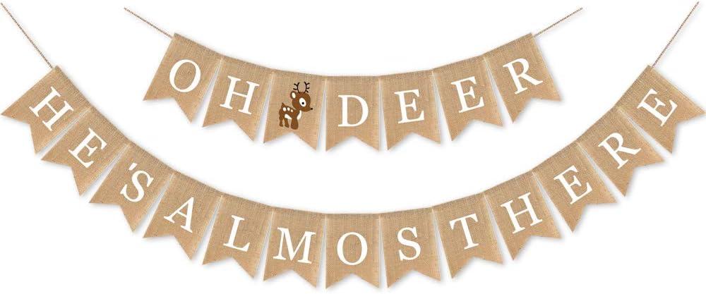 SWYOUN Burlap Oh Deer He's Almost Here Banner Mantel Fireplace Supplies Boy Woodland Baby Shower Garland Decorations