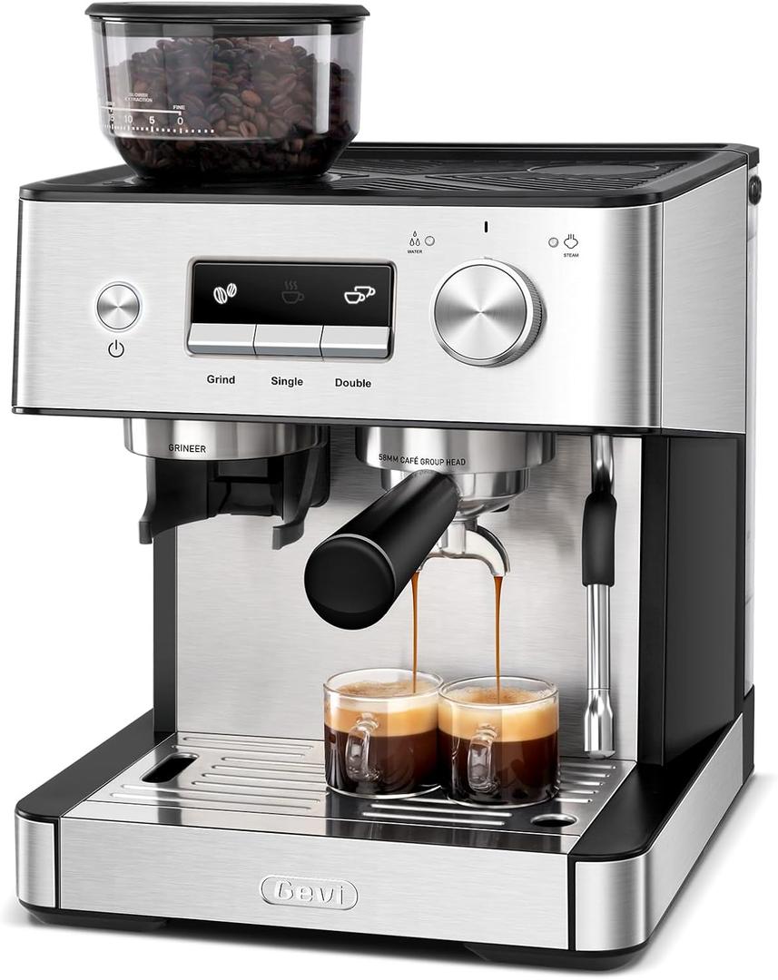 Gevi 20 Bar Espresso Machine with Built-in Grinder & Milk Frother | Professional Coffee Maker for Home | Cappuccino, Latte, 2.3L Removable Water Tank, Stainless Steel Steam Wand