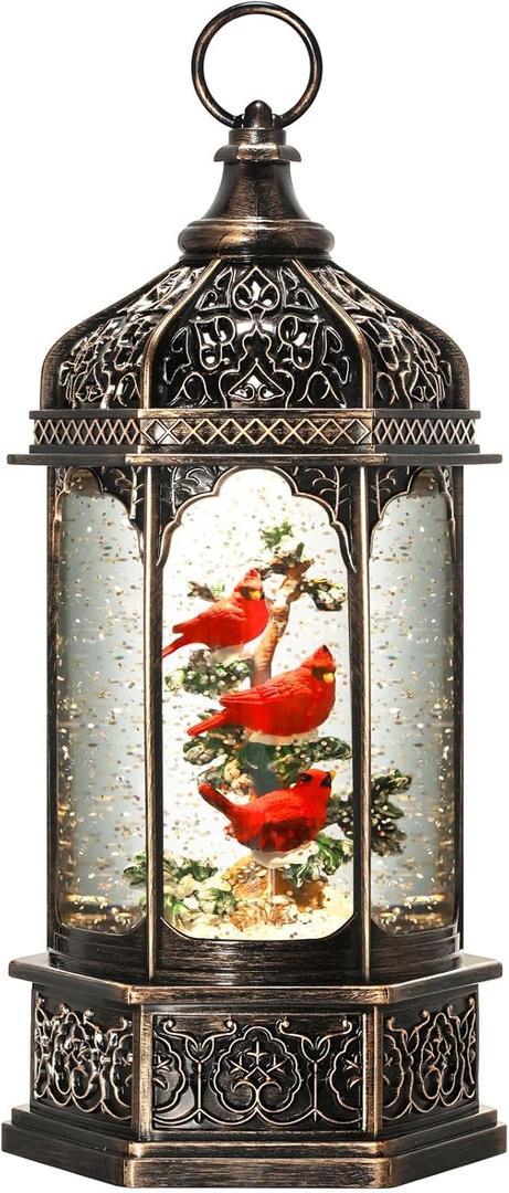 Cardinal Snow Globe Christmas Lantern Decorations With Timer & Music, USB & Battery Powered Birdcage Decor - 12.5 Inch