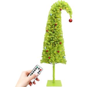 6FT Whimsical Lime Green Christmas Tree with 150 LED Timer Lights and Balls Ornament, Bendable Artificial Pencil Tree with Metal Base for Home Office Apartment Holiday Party Decoration