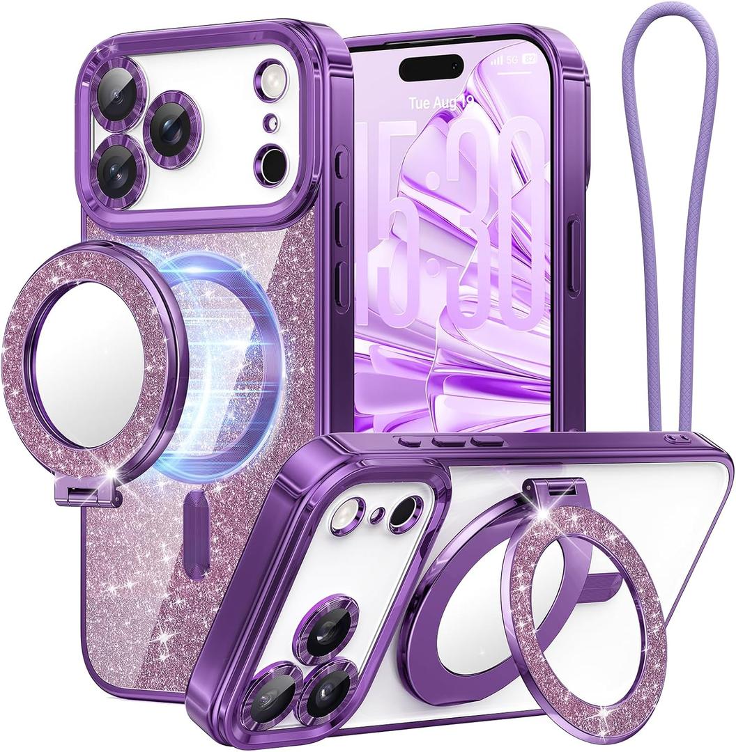 Meifigno Designed for iPhone 17 Pro Magnetic Case with Removable Phone Ring Stand, [Glitter Card & Wrist Strap] [MagSafe Compatible] [Built-in Mirror] Phone Ring Stand + Phone Case Kit, Purple