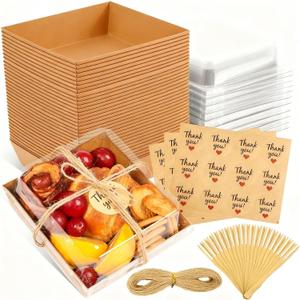 50 Pack Charcuterie Boxes with Clear Lids, Paper Disposable To Go Small Food Containers, 5 Inch Dessert Boxes for Sandwich, Cookie, Cake Slice, Strawberries (Brown)