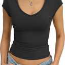 Eachyes Womens V Neck Cap Sleeve Shirts Sexy Fitted Crop Tops Cute Basic Tees Y2k Outfits Going Out Summer Clothes 2026 (Black, L)