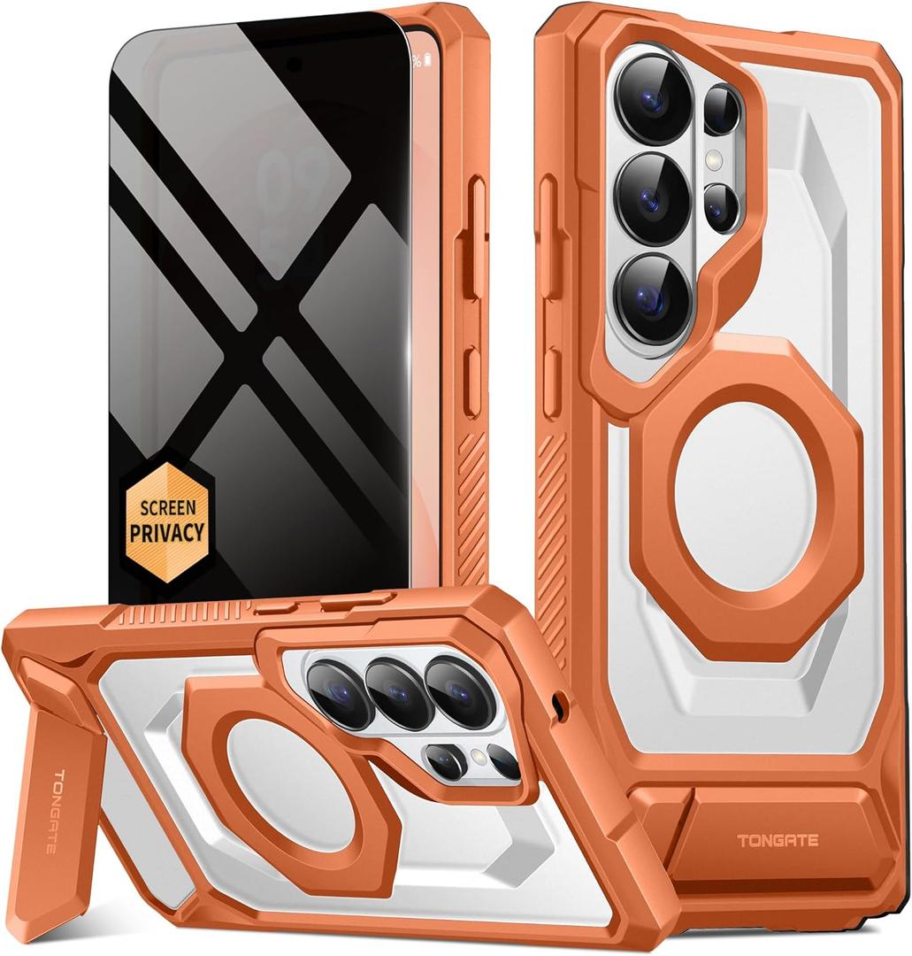 TONGATE Magnetic for Samsung Galaxy S26 Ultra Case with Stand and Privacy Screen Protector, Compatible with MagSafe, TPU Non-Slip Military Grade Protection Shockproof Phone Case for S26 Ultra, Orange
