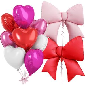 Red Pink Heart Balloons, Pink Bow Balloons, 10Pcs 18 Inch Heart Shaped Balloon and 38 Inch Helium Bow Foil Balloon for Girls Women Birthday Wedding Engagement Valentine's Day Bridal Shower Party Decor