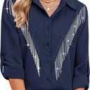 MYMORE Womens Rhinestone Fringe Button Down Shirt Rolled 3/4 Sleeve Sparkly Top Concert Nashville Western Cowgirl Outfit (XX-Large, E_navy Blue)