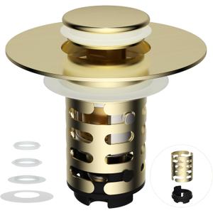 iFealClear Upgraded 4-in-1 Bathroom Sink Drain Strainer, Universal Pop Up Sink Stopper with 2-Layer Detachable Hair Catcher Filter Basket, Drain Stopper Fit 1.1"-2.36" US Basin, Brushed Gold