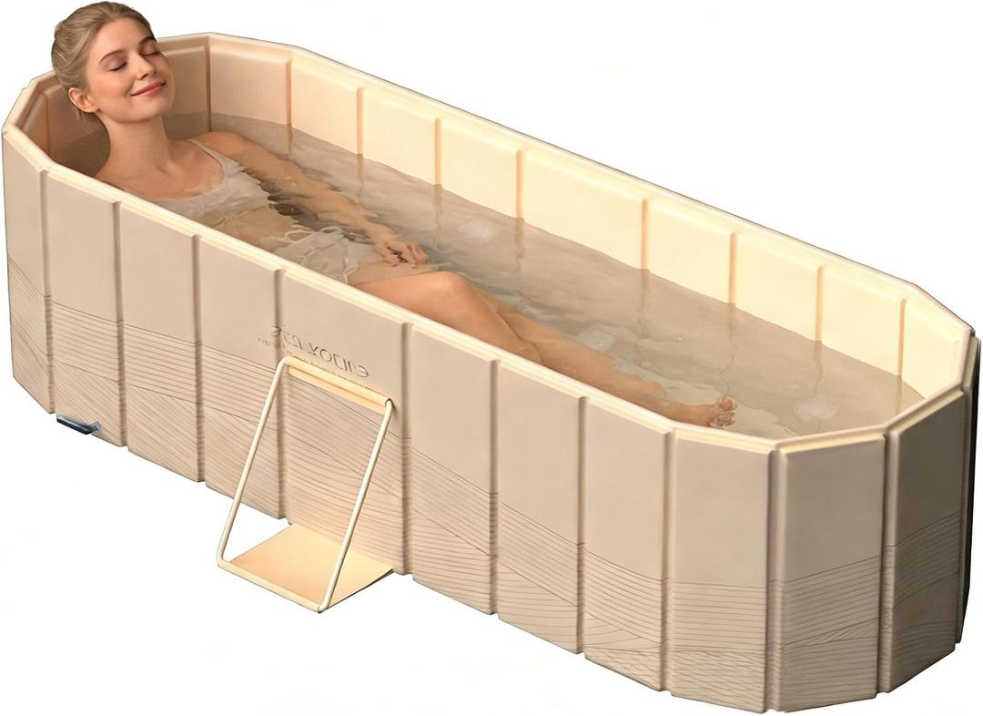 Portable Bathtub for Adults 59" Large Foldable No-Installation Soaking Tub for Shower Stall, Collapsible Standing Plunge Bath with Lid, 5-Layer Insulated Liner, Fast Drain (Beige, 59"×21.6"×19.6")
