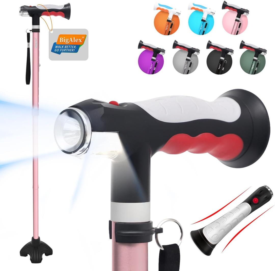 BigAlex Folding Walking Cane with Two Led Lights for Elderly Solid Base Adjustable Walking Stick with Carrying Bag for Men Women (Pink)