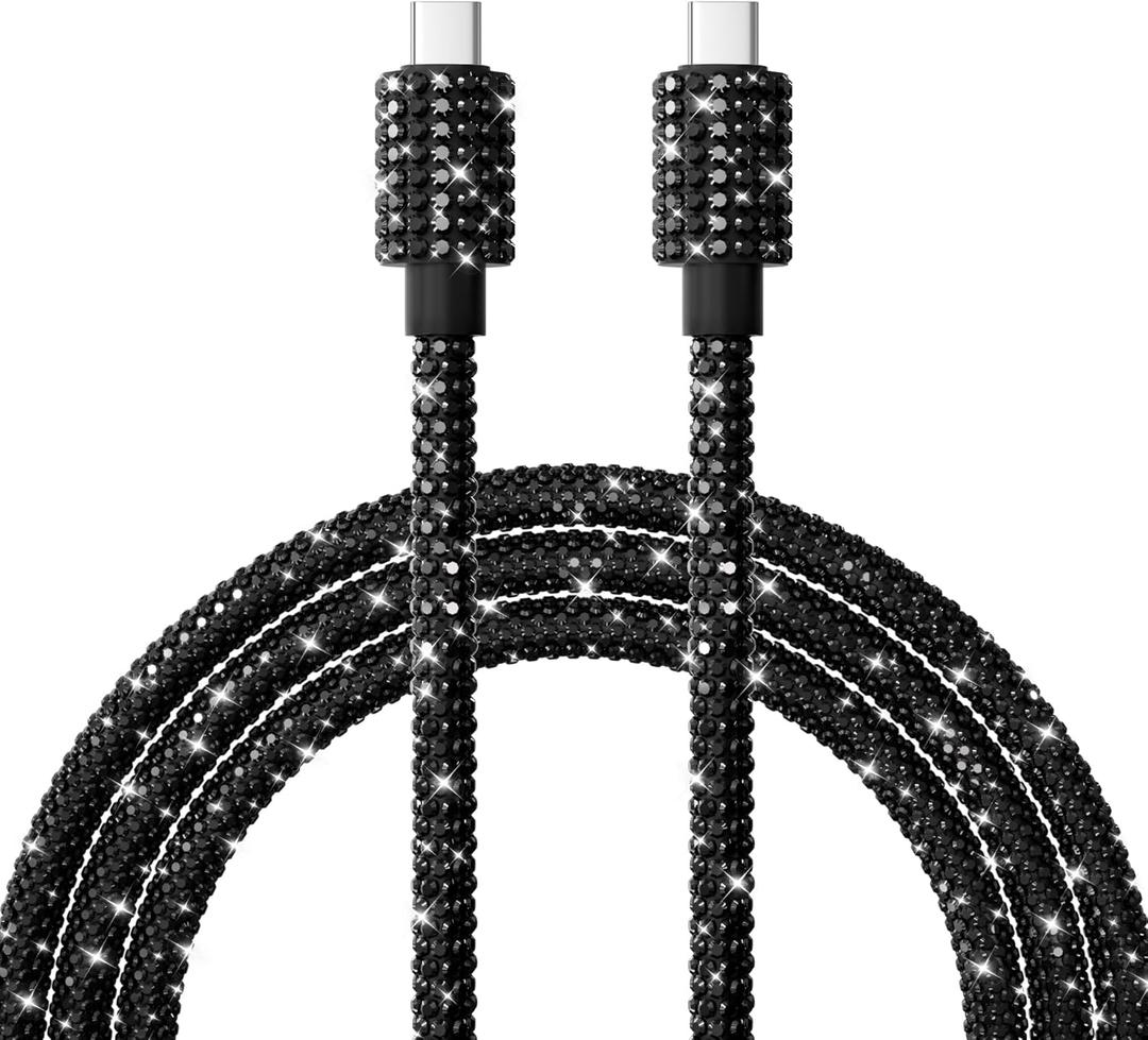USB C to USB C Cable for iPhone 16 Charging Cord Bling Sparking Diamond iPhone Charger Cord Black USB Cable 4FT for iPhone 16E 15 Plus Pro Max Samsung Galaxy S25 S24 iPad Pro Air