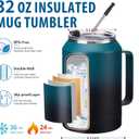 32oz Mug Tumbler with Handle and Straw - 32 oz Stainless Steel Wide Mouth Travel Coffee Cups w/ Lid, Reusable Home Office Work Mugs, Double Wall Vacuum Insulated Bottle Keep Cold 36 Hrs Hot 24 Hrs