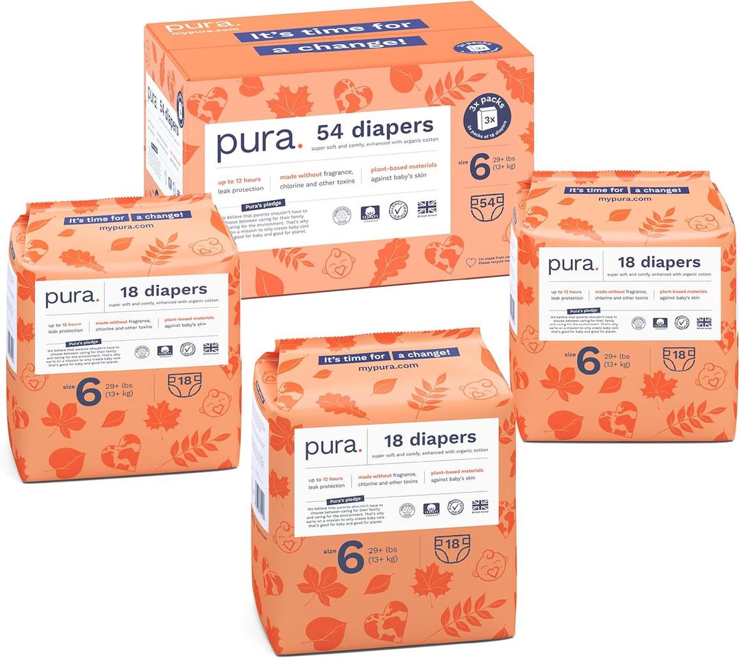 Pura Size 5 Eco-Friendly Diapers (24-35 lbs) Totally Chlorine Free (TCF), Hypoallergenic, Soft Organic Cotton, Sustainable, up to 12 Hours Leak Protection, Allergy UK, 6 Packs of 20 (120 Diapers