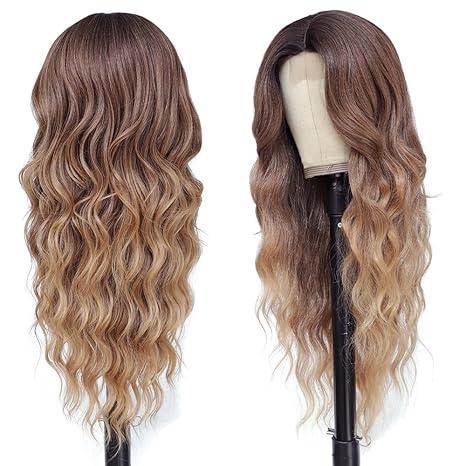 Long Brown Balayage Blonde Wigs for Women 26inch Wavy Curly Wig Natural Looking Middle Part Synthetic Heat Resistant Hair Replacement Wigs for Daily